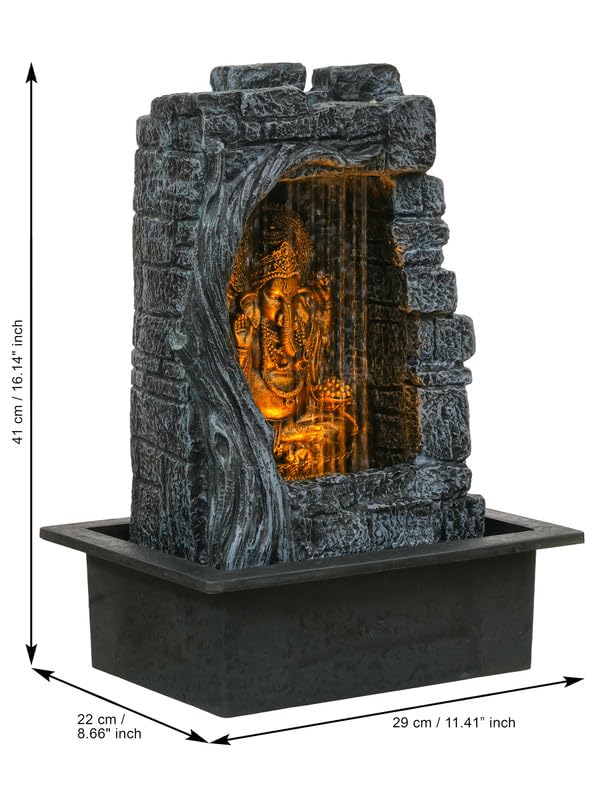 Image of Polyresin Grey & Copper Ganesha Idol Table Top Indoor Front Curtain Waterfall Fountain for Home Decor with Yellow LED Lights & Speed Controller Pump (Size: 40 x 29.5 x 22CM | Wt: 2265grm)