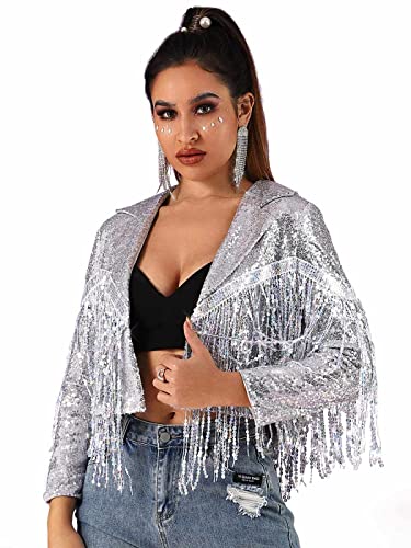 Edary Women's Sequin Jacket Coat Sparkly Long Sleeve Tassel Blazer Fringe Party Club New Years Eve Sequin Jackets