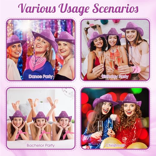 Image of Coume 12 Pcs Sparkly Adults Cowboy Hat and Bandanas Women Men Western Glitter Cowgirl Party Hats with Adjustable Drawstring