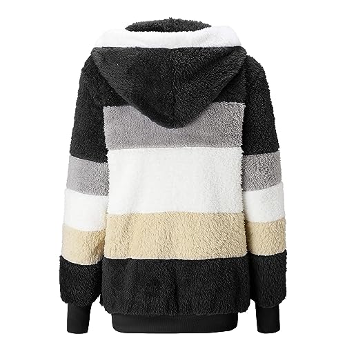 Fuzzy Fleece Jackets for Women Plus Size Hoodies Fall Winter Coats Color Block Patchwork Cardigan Coat with Pockets