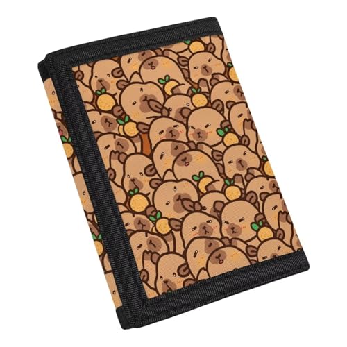 Carteira infantil de três dobras com bolsos para moedas, carteira externa com gancho e laço para compras, Capivara