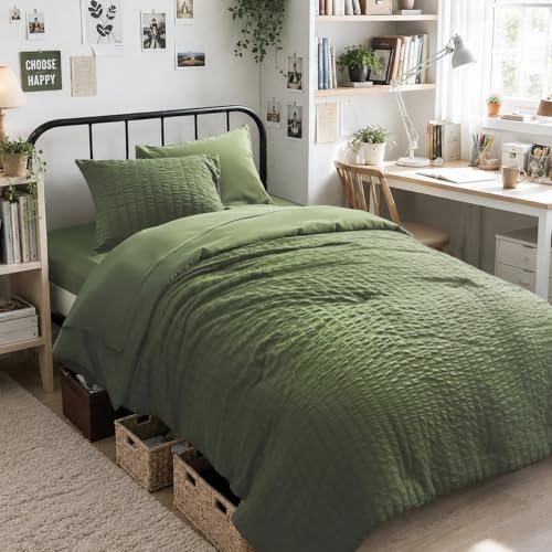 Image of Zzlpp Twin XL Comforter Set 5 pieces, Olive Green Seersucker Bed in a Bag with Comforter and Sheets, All Season Bedding Sets with 1 Comforter, 1 Pillow Sham, 1 Pillowcase, 1 Flat Sheet, 1 Fitted Sheet