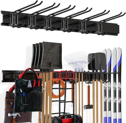 Madertool Garage Organization, Garage Tool Organizer Wall Mount with 48 inches Rails and 6 Double-layer Hooks, Tool Organizer Rack For Yard Tools, Shovel, Chair, Snowborad