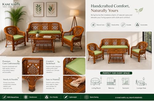 Image of Bamboo Chair Premium Cane Sofa Set with Table for Home, Office, Living Room, Balcony, Garden, Indoor & Outdoor | Brown, 34 cm, 24 cm, 25 cm
