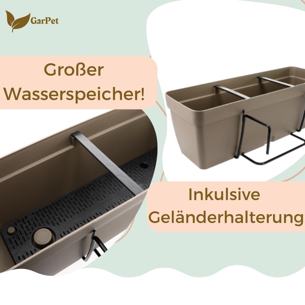 GarPet 4er Set Blumenkasten Balkongeländer Balkon Blumenkasten Balkonkasten mit Halterung Balkonkasten Geländerkästen mit Wasserspeicher 50 cm