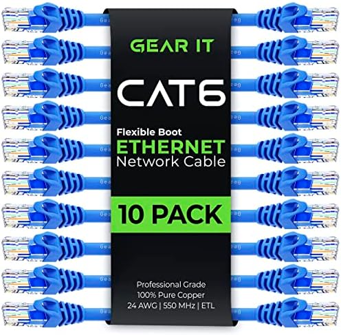 GearIT 10-Pack Cat6 Patch Cable 7 Feet Cat 6 Ethernet Cable Snagless Flexible Soft Tab - Preimum Series - Blue