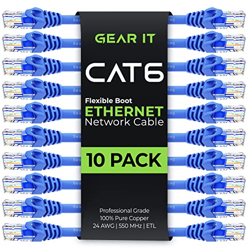 Gearit 10-Pack Cat6 Patch Cable 7 Feet Cat 6 Ethernet Cable Snagless Flexible Soft Tab - Preimum Series - Blue #TOP22