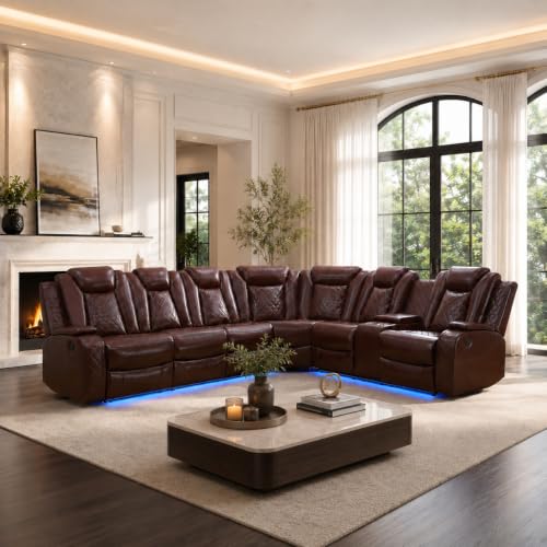 Image of Power Reclining Sectional Sofa for Living Room,Modern L-Shaped Air Leather Sectional Couch Set,Recliner Sofa Set,with LED Lights,Cup Holder,Storage,Charging Ports,Home (Red, Sectional)
