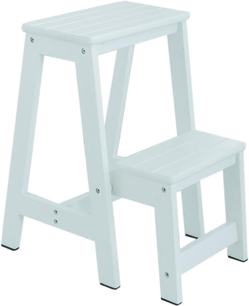 2 Tier Stairs Stool Solid Wood Folding Ladder Stool Indoor Non-Slip Tread High Ladder Multi-functional Safety Stepladder Stool, 41 * 24 * 55cm,White And Deep Walnut (Color : Milky white)