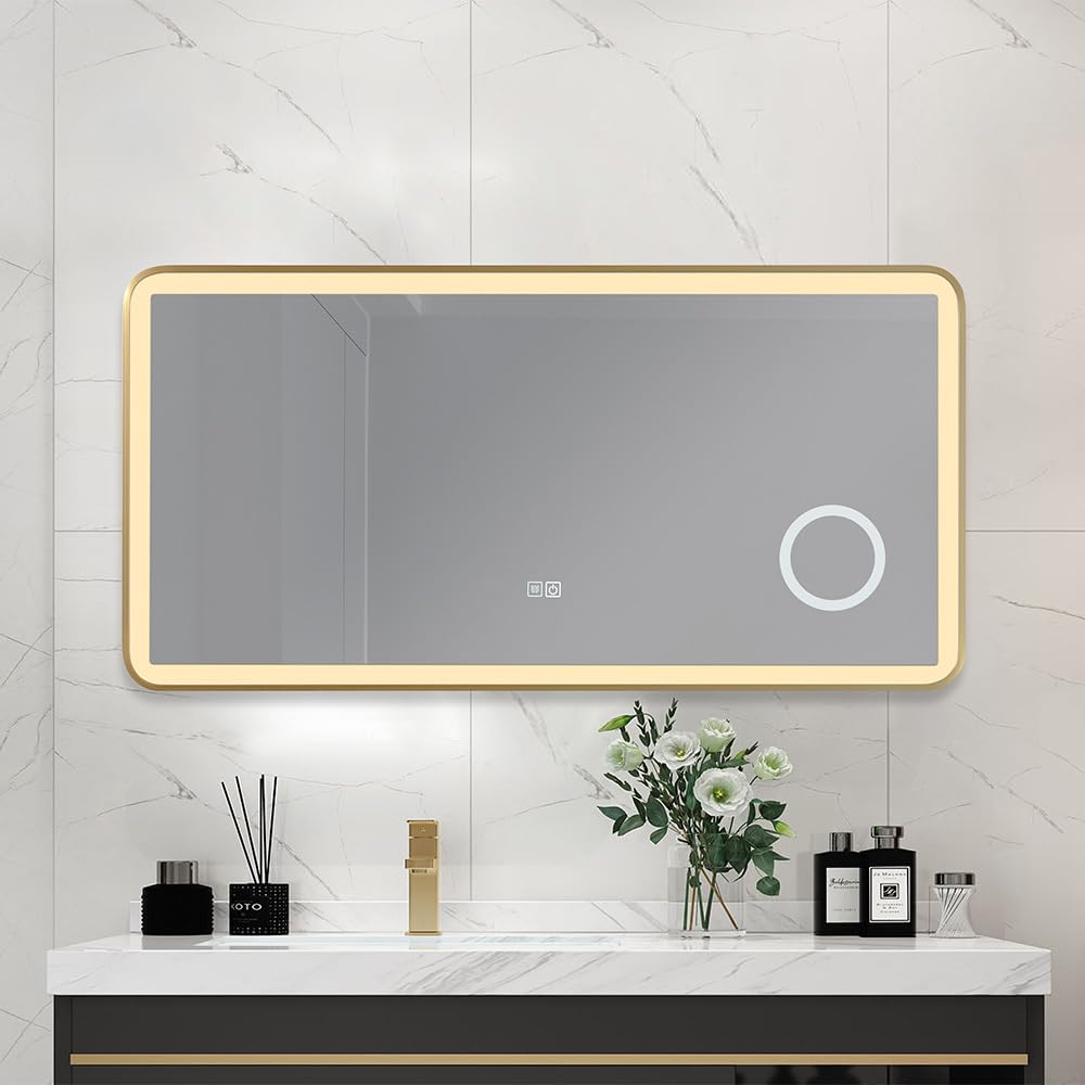 Miroir Salle de Bain LED 120x60cm Anti buée avec Cadre en Aluminium doré et loupe x3 LB-4685G -LuxuryBain