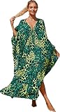 Green yellow leopard kaftan dress Wave neck batwing sleeve swim coverup Vneck caftan Beach Kaftan Dresses turkish kaftan Cover Up Women Plus Size rayon caftans Maxi Summer Dress 8772-14