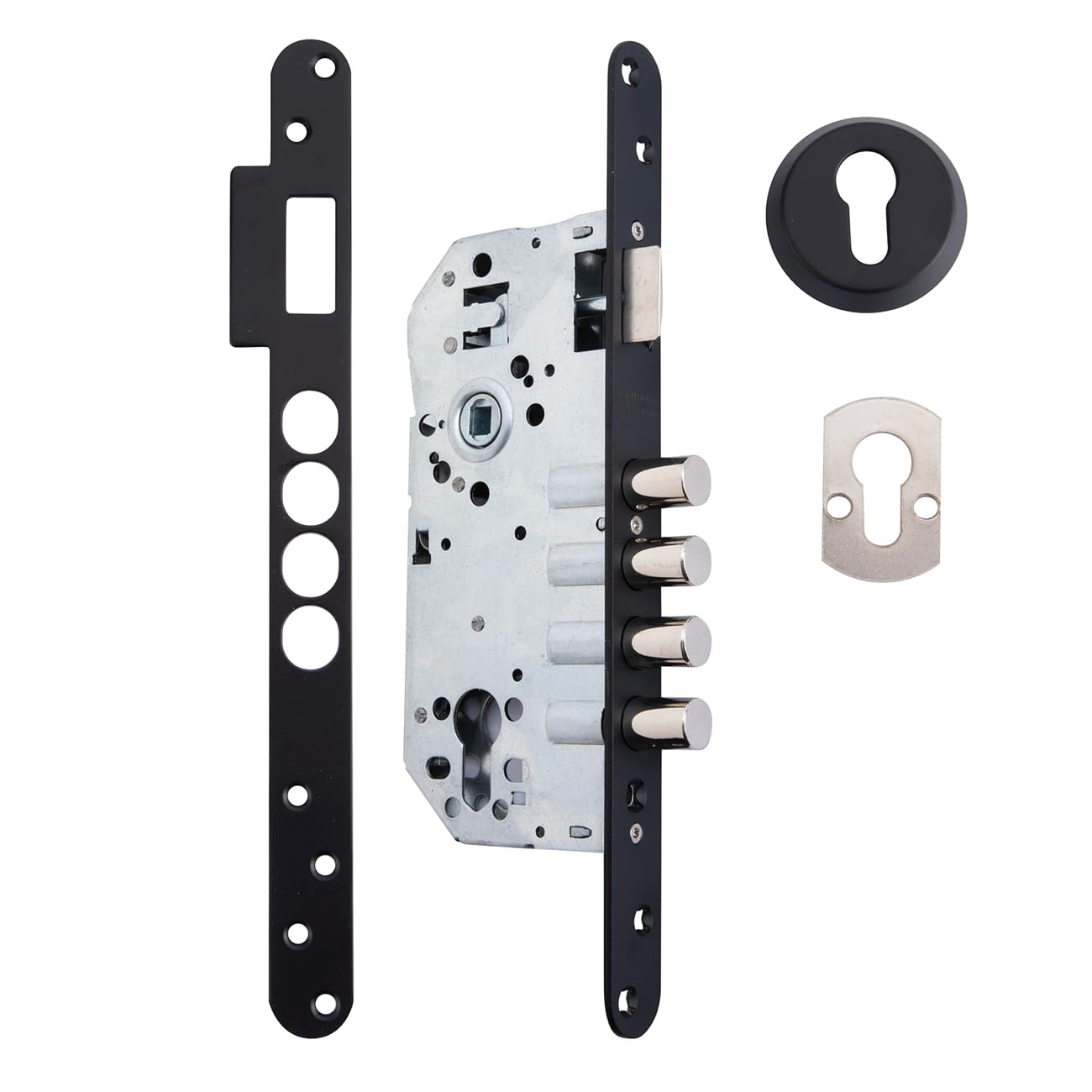 Sí Cerradura de Seguridad Monopunto para Puertas de Entrada, 50mm Canto Redondo, con 4 Bulones de Acero Reforzado y Escudo Protector, Acabado Negro Mate, Compatible con Cilindro 35x35mm