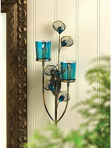Candles Peacock Plume Wall Sconce Candle Holder Candleholder Blue Glass Iron Metal Den Room Bar