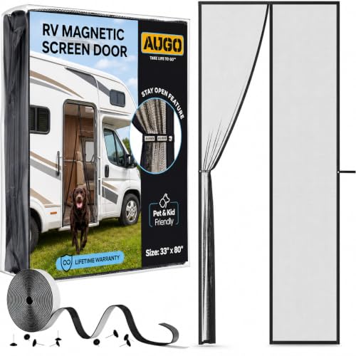 AUGO RV Screen Door with Magnetic Closure Self Sealing Heavy Duty Mesh Camper Screen Door Bug Free Pet and Kid Friendly Hands Free with Stay Open Feature for trailers Motorhomes 33x80 Inches