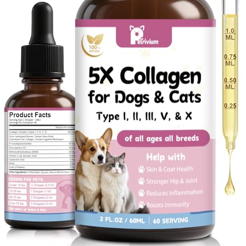 Collagen for Dogs, Liquid Collagen for Dogs and Cats - 5 Types of Grass-Fed Collagеn (I, II, III, V & X) for Skin & Coat, Itch Relief, Hips & Joints with MSM, Biotin and Hyaluronic Acid, 2 Oz