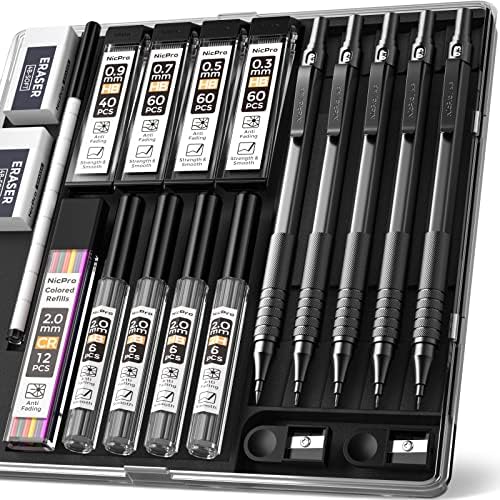 Nicpro Black Art Mechanical Pencil Set, 5PCS Metal Drafting Pencils 0.3, 0.5, 0.7, 0.9, 2mm Lead Pencil Holder (4B 2B HB 2H Colored Lead) For Writing Sketching Drawing With 9 Lead Refills Eraser Case
