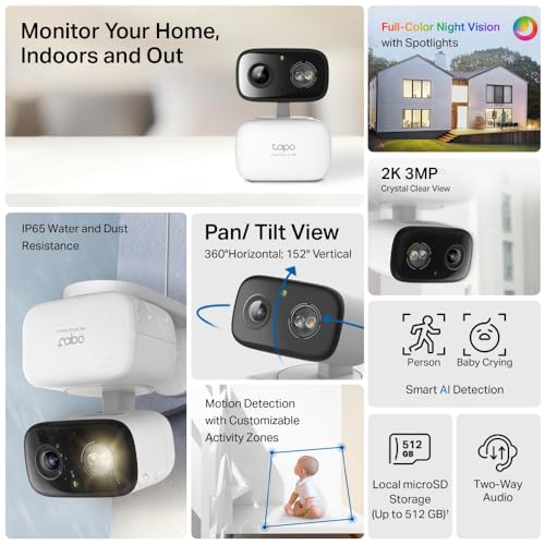 Image of Tapo C216 Mini Surveillance Camera with 2K 3MP Recording 360 Coverage for Indoor and Outdoor AI Detection and Notifications MicroSD Card up to 512GB 105.3 x 77.8 x 69.8 mm