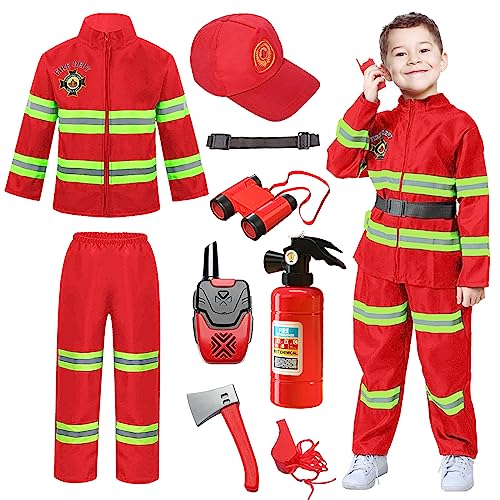 Cnexmin Fireman Costume for Children with Fireman Toy for Halloween Carnival Child Role Play Gift 5-6 Years Red 120 cm