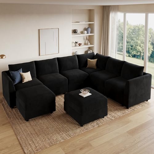 Image of HONBAY Velvet Oversized Modular Sectional Sofa with Storage,Black