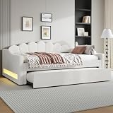 Wyibwy Sofá cama acolchado 140 x 200 cm con cinturón LED, cama doble con cama nido, marco de cama con somier de láminas, revestimiento de lino, beige