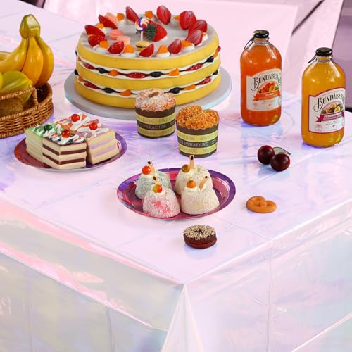 Image of 6 Pack Iridescent White Plastic Tablecloth, Shiny White Disposable Laser Rectangle Table Covers, Holographic Foil Tablecloth Party Decorations for Birthday Bridal Wedding Banquet, 40 x 108 Inch