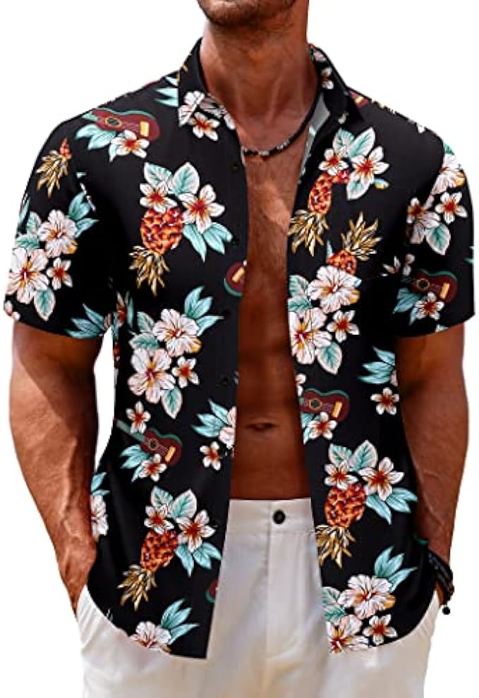 COOFANDY Men's Hawaiian Shirt Short Sleeve Casual Button Down Floral Printed Beach Shirts with Pocket