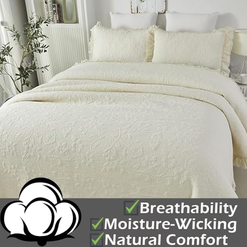 Brandream 20230516QS001 Cream Yellow White Quilt Set Queen Size Cotton Matelasse Bedding Luxury Ruffle Bedspread 3-Piece thumb #1