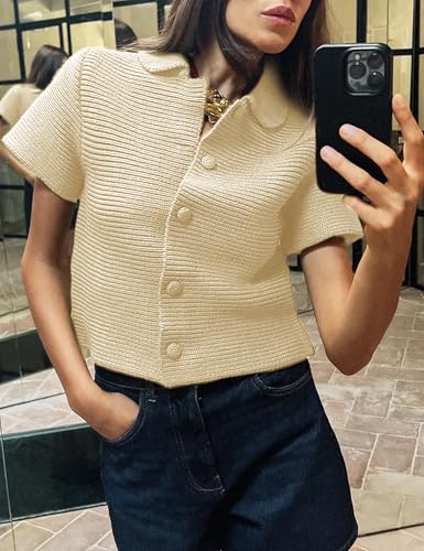 Image of Tanming Womens Cardigan Sweaters Soft Chunky Knit Top Short Sleeve Button Loose Outerwear Sweater