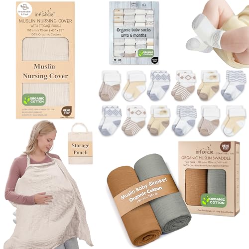 Mother's Choice Infancie Baby Blanket, Organic Nursing Cover & Baby Socks Bundle – Versatile Cotton Essentials for Moms & Newborns
