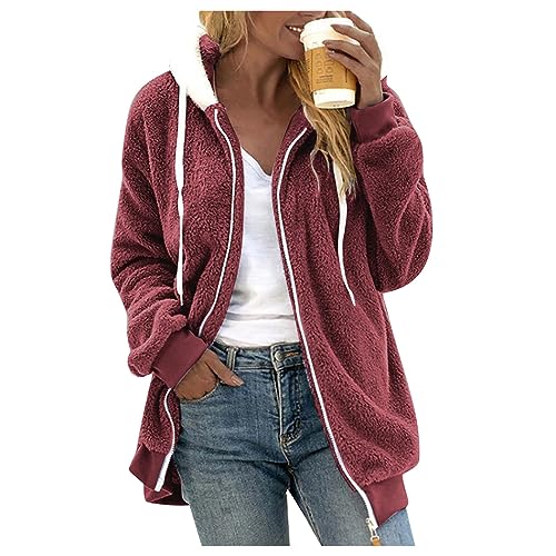 Fuzzy Fleece Jackets for Women Plus Size Hoodies Fall Winter Coats Color Block Patchwork Cardigan Coat with Pockets