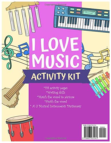 I Love Music Activity Kit: Activity Book for Kids Ages 3-5: Colored Rewriting Dots Exercises, Word to Picture Matching, Writing Exercises, Colored Finish the Word, Word Puzzles & Spelling Name (118 Activities) 2 512eLT5rj8L