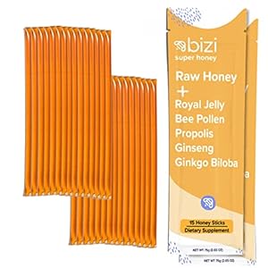Bizi Royal Jelly Honey with Bee Propolis, Organic Bee Pollen, Ginseng, and Ginkgo Biloba (15 Single Sticks…