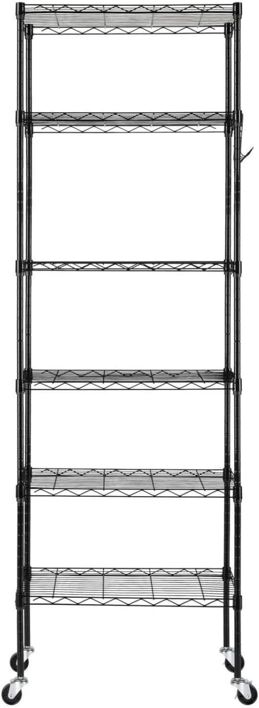6 Tier Wire Shelving Unit with Wheels, Adjustable Metal Storage Rack with Hooks, Heavy Duty Rolling Shelves for Garage Kitchen Pantry, Black
