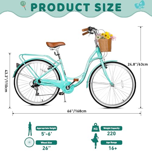 EISYROOD 26 Inch Beach Cruiser Bike for Women, Hybrid Womens Bike with 7 Speed, Adjustable Seat, Lightweight Women Beach Cruiser Bike with Anti-Skid Tires, V-Brakes (Single Bar, Green)