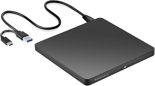 ROOFULL External CD/DVD Drive USB 3.0 & USB-C, Ultra-Slim 0.5 High-Speed CD DVD Player Burner Reader Writer for Laptop, Windows 11/10, Mac MacBook, Linux OS