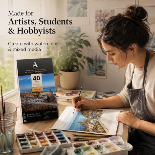Image of ArtRight Artists' Watercolor Paper A4 300 GSM - 40 Sheets of Handmade Rough Grain Water Colour Papers for Watercolour, Acrylic, Gouache, Ink & Mixed Media