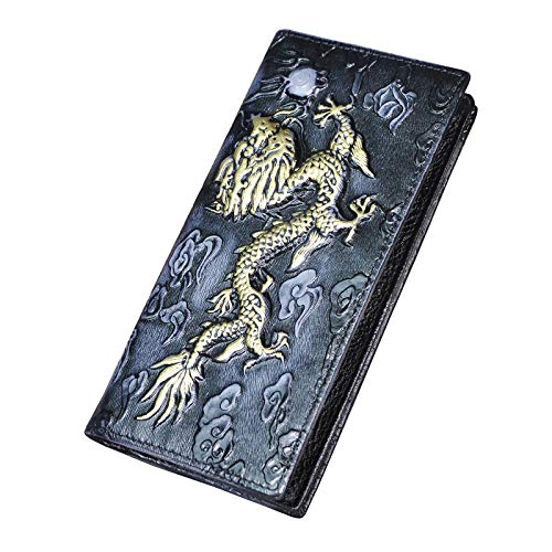 Le'aokuu pour Homme en Cuir véritable Pliable chéquier Organisateur Porte-Cartes Portefeuille Sac à Main (1014 Dragon Noir-Or) Cover