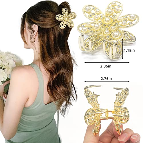 Gqlv Flower Claw Clips-3Pcs Flower Hair Clips For Women Girls,Strong Hold Hair Claw Clips For Thin Hair,Nonslip Pearl Gold Hair Clips,Rhineston Cute Hair Clips,Big Metal Claw Clips For Medium Thick Hair,Crystal Wedding Hair Styling Accessories Gifts For Women/Girls (1A-3Pcs Medium Golden Flower) #TOP3