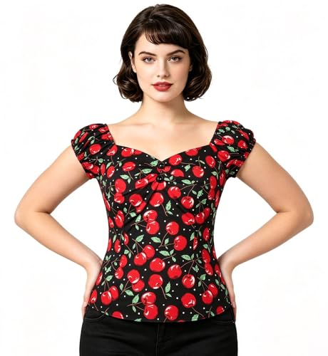 Image of YARN & INK Women's Rockabilly Tops 1950s Pinup Shirt Casual Off Shoulder Vintage Blouse