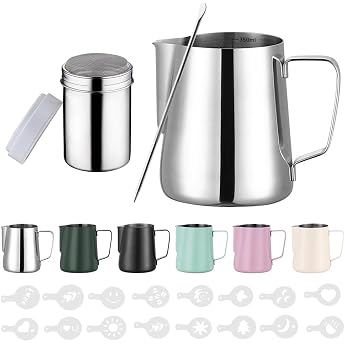 350 ml Milk Jug Stainless Steel Barista Milk Jug with Measurement Mark 12 oz Milk Foam Jug with Cocoa Shaker 16 Latte Art Stencils & Pen for Cappuccino and Espresso Stainless Steel