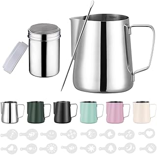 350ml Milchkännchen Edelstahl, Milchkanne Barista mit Messung Mark 12oz,Milchschaumkännchen mit Kakaostreuer, 16 Latte Art Schablonen & Pen für Cappuccino und Espresso, Edelstahl