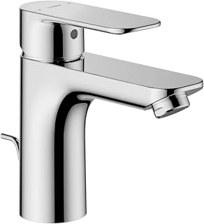 HANSA Basic XL - Grifo monomando para lavabo con temperatura y limitador de cantidad, tamaño XL para baños medianos y grandes, desagüe con barra de tracción, grifo de baño, cromado