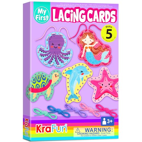 Image of KRAFUN Beginner Mermaid Lacing Card Kit for Kids Arts & Crafts, 5 Easy Mermaid, Animal Lacing Projects, Paper Lace Cards for Toddlers, Fine Motor Preschool Skills Toys
