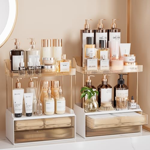 Delamu 2-Tier 2-Drawer Bathroom Organizer, Amber (2-pack)