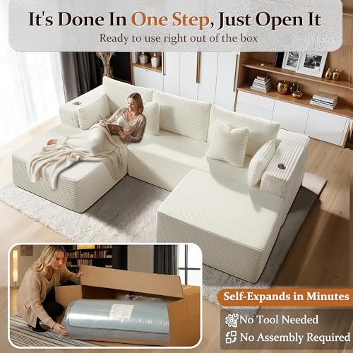 Image of 108 inch Cloud Sectional Couch, Comfort U Shaped Boneless Couch for Living Room, Extra Deep Seats No Assembly, Minimalist Modular Sofa, Corduroy (Cream, 2 Seater+Right Facing Chaise+Ottoman)
