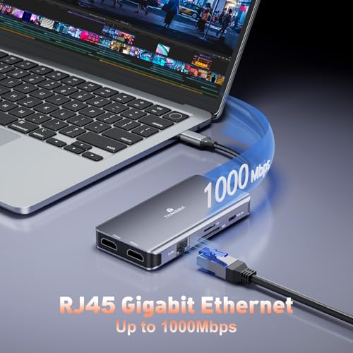 Image of 9 in 1 Docking Station Dual Monitor, USB C to Dual HDMI Adapter, 1000Mbps LAN, 100W PD, SD /TF 3*USB-A Data Port, HDMI Extended Display Laptop USB C Hub for HP /Dell /XPS /Lenovo /Laptop