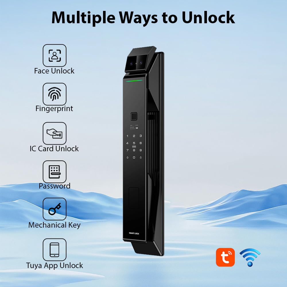 Matybobe Serrure à empreinte digitale intelligente avec caméra HD, serrure de porte biométrique avec reconnaissance faciale intelligente et poignée, 6 modes de déverrouillage, pour portes de 40–120 mm
