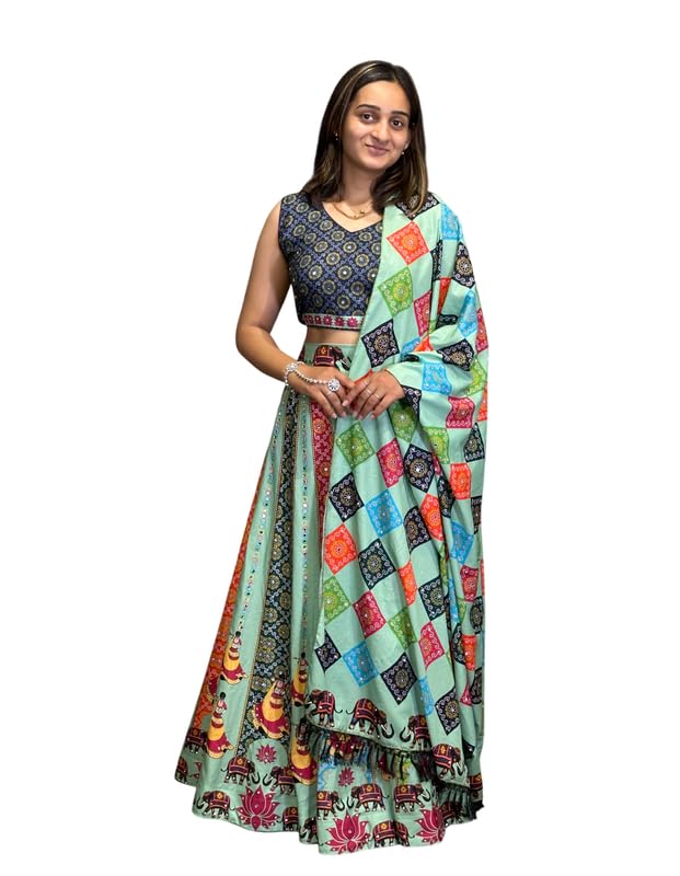 Women's Navratri Special Lehenga Choli Set with Dupatta | Poly Cotton Silk Umbrella Flared Lehenga with Mirror Work | Semi-Stitched Lehenga for Festival & Garba Events-image-5