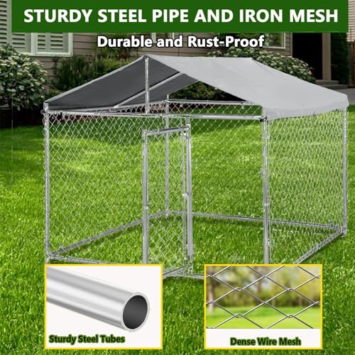 79 Inch Outdoor Dog Kennel for Large Dog, Heavy Duty Galvanized Steel Chain Link Dog Enclosure with Waterproof UV-Resistant Cover, Lockable Door Chain Link Playpen for Rabbits, Chicken(6.6‘ x 6.6’FT)
