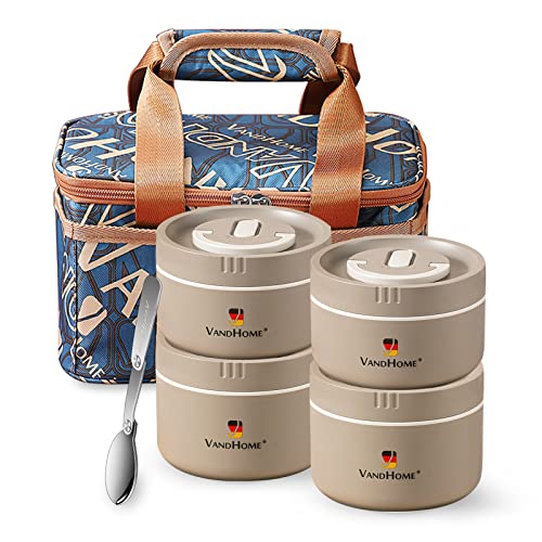 YBOBK HOME Keep Warm Thermal Lunch Container For Food, Potrable Bento Lunch Box For Adult Work & Picnic, Stainless Steel Insulated Lunch Box With 4 Separate Food Container, Microwave Safe (Khaki 68oz)